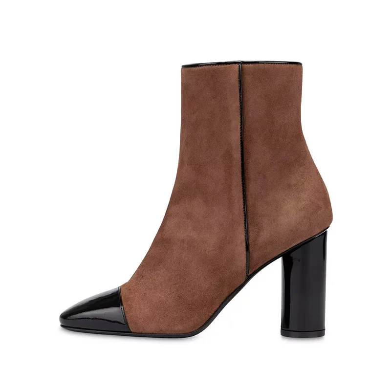 

Women's Brown Suede Ankle Boots with Black Patent Leather Toe Cap Fashionable Block Heel Boots with Contrast Detail Elegant