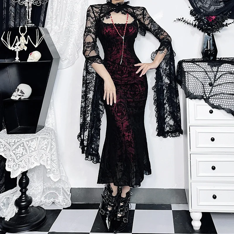 Bild 3: Gothic Sexy Lange Fischschwanz Kleid für Frauen Robe Neue Spaghetti Strap Ärmellose Backless Geraffte Vintage Maxi Kleid Vestidos