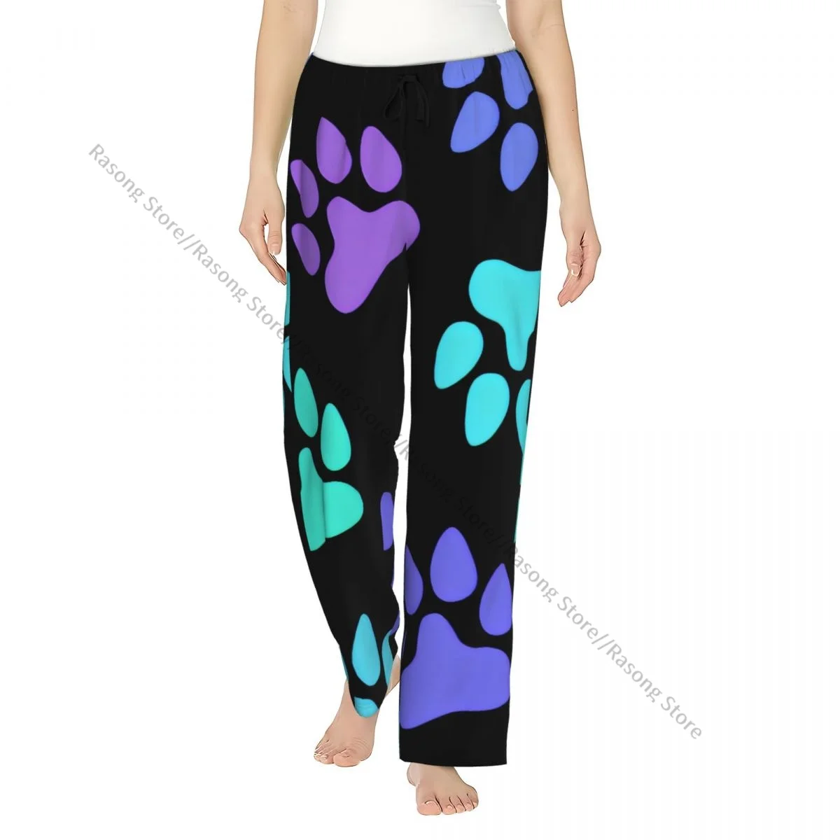 

Cozy Flannel Pajama Pants for Women Colorful Cat Dog Footprints Sleep Bottoms Home Loungewear