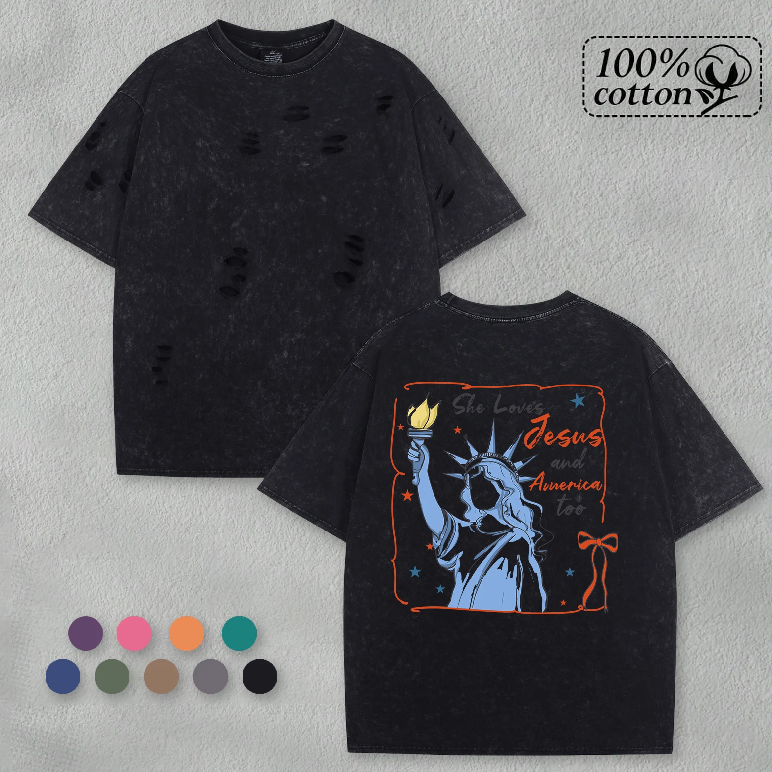 

She Loves Jesus And America Too Snow Wash Holes T-Shirt Mens Soft Vintage Tee Unisex Cotton Tops Trendy Creative Unisex Clothes