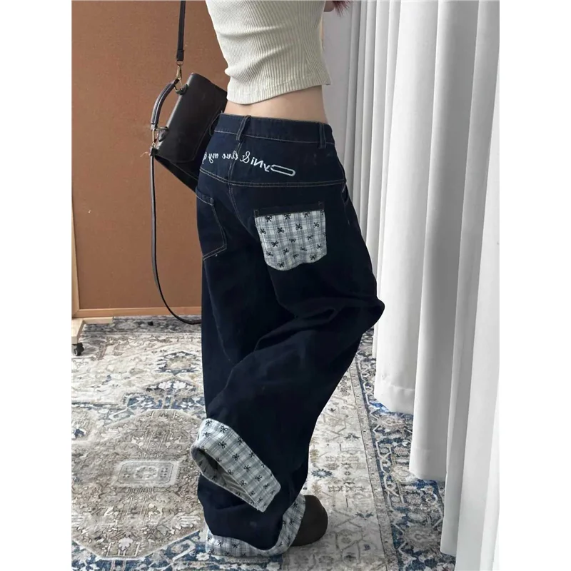 Jeans in denim a gamba larga a vita alta da donna taglie forti Pantaloni larghi a taglio dritto con lunghezza al pavimento retrò americana