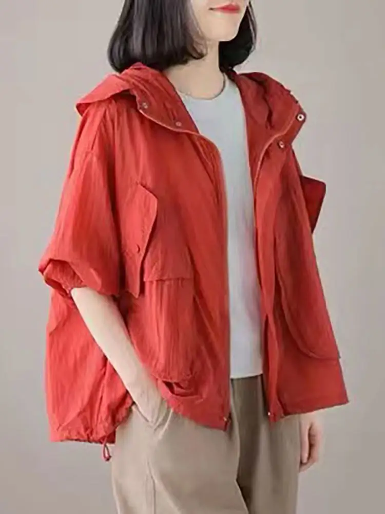 

Женская свободная куртка с длинными рукавами для защиты от солнца, летняя, 2023, дышащая, тонкая, повседневная, однотонная, с капюшоном, короткая куртка