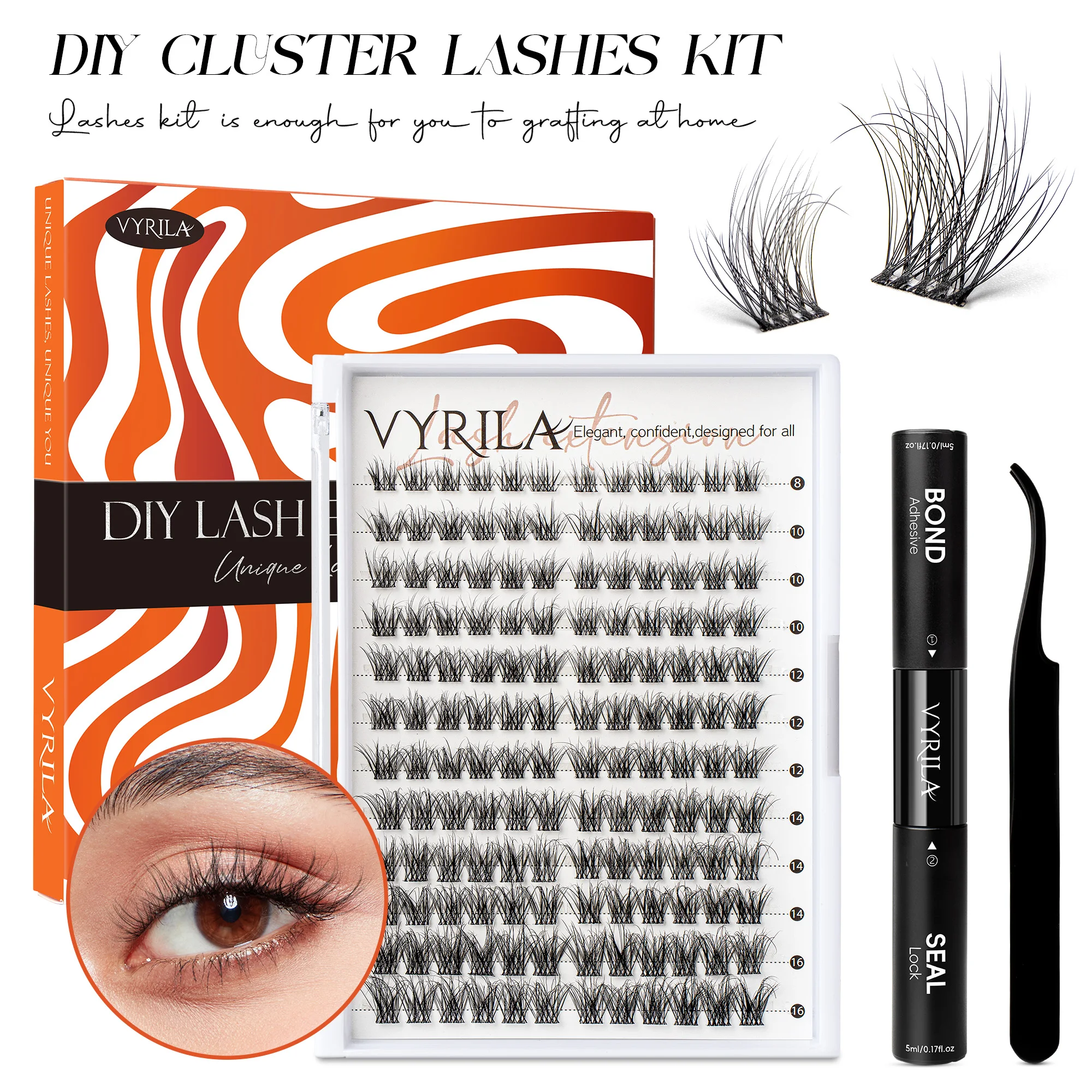VYRILA-Kit de racimo de pestañas individuales esponjosas, Kit de extensiones de pestañas DIY con unión de pestañas y sello, juego de maquillaje