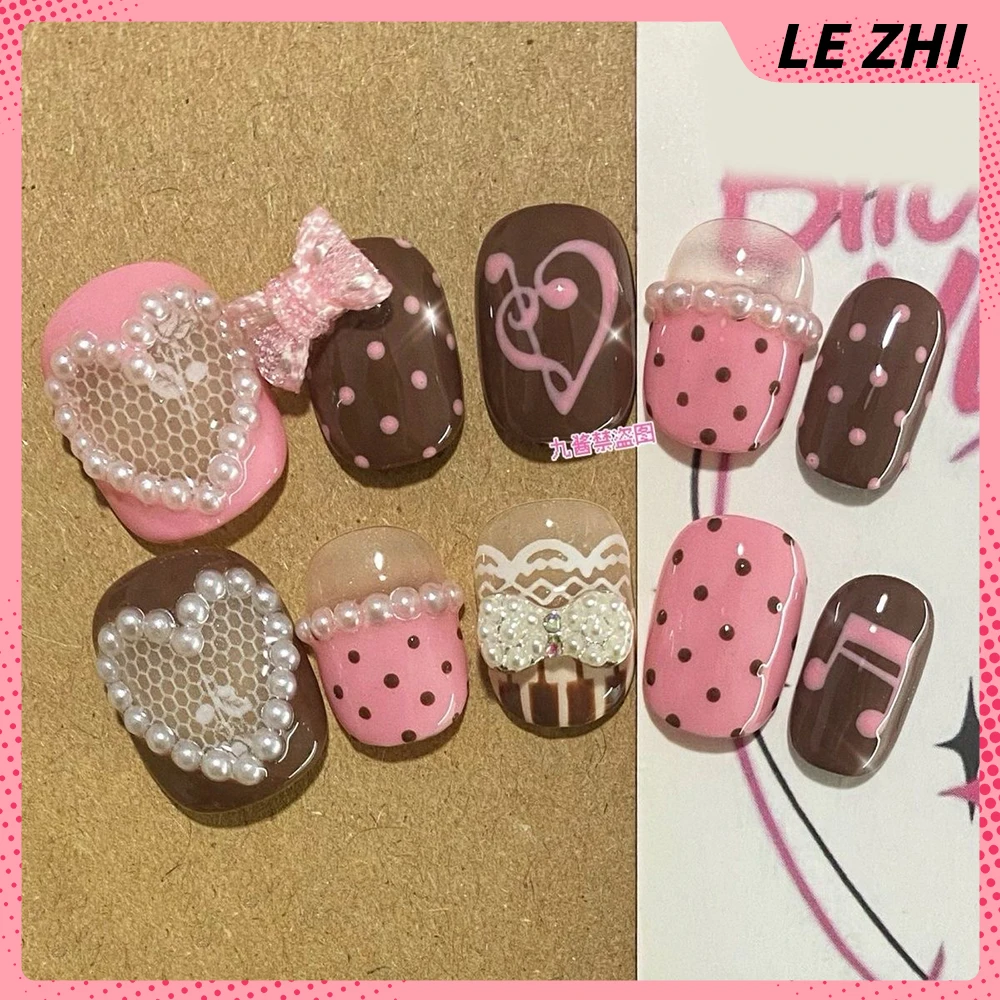 

Y2K Retro Short Square Circle Press On Nails Sticker Pink Chocolate Brown Polka Point Love Lace Pearl Bow Note Design False Nail