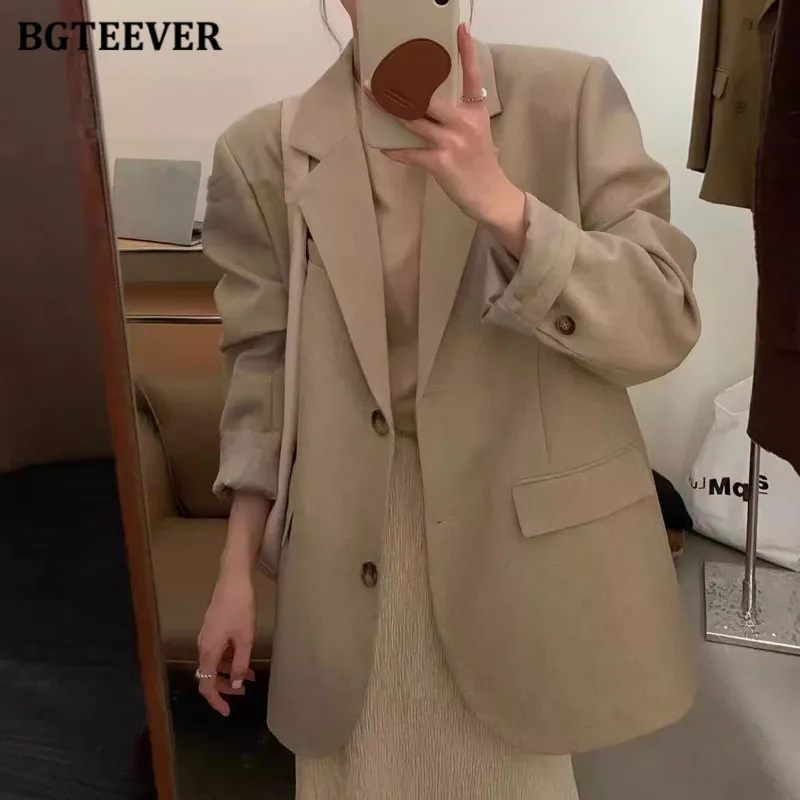 

BGTEEVER Elegant Long Sleeve Loose Female Blazer Jackets Fashion Spring Pockets Single-breasted Suit Coats Women