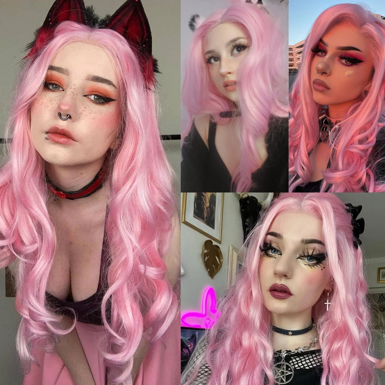 باروكات طويلة مموجة باللون الوردي للنساء، شعر صناعي، جزء مجاني، شعر مستعار طبيعي مجعد باللون الوردي الباستيل للحفلات التنكرية اليومية #2