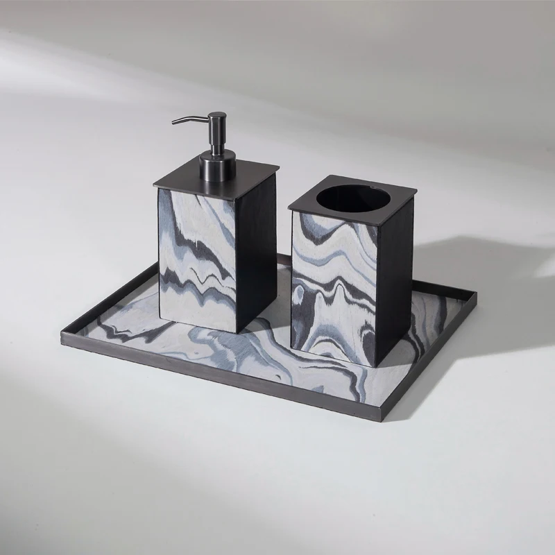 

High Quality Marble Pattern Bathroom Furniture Accessories Set Hot Sale Black Brushed Metal Resin Trim for Your Modern Bathroom