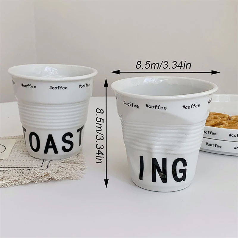 1pc Creative Coffee Mug White Ceramic Nordic Wrinkle Cup Drinking Coffee Tumbler English Letter