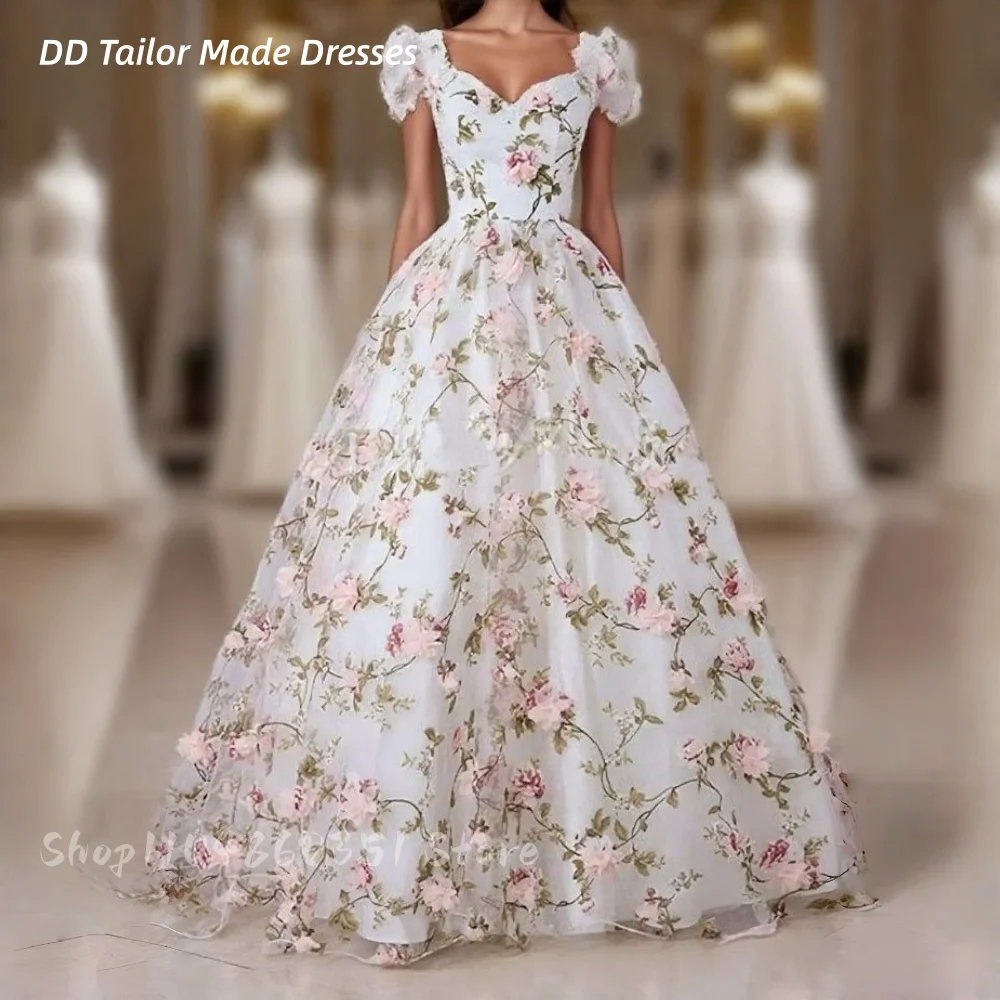 

Floral Printed Organza Prom Dress With Flowers Appliques Short Sleeves A-Line Long Vintage Evening Gowns Customized