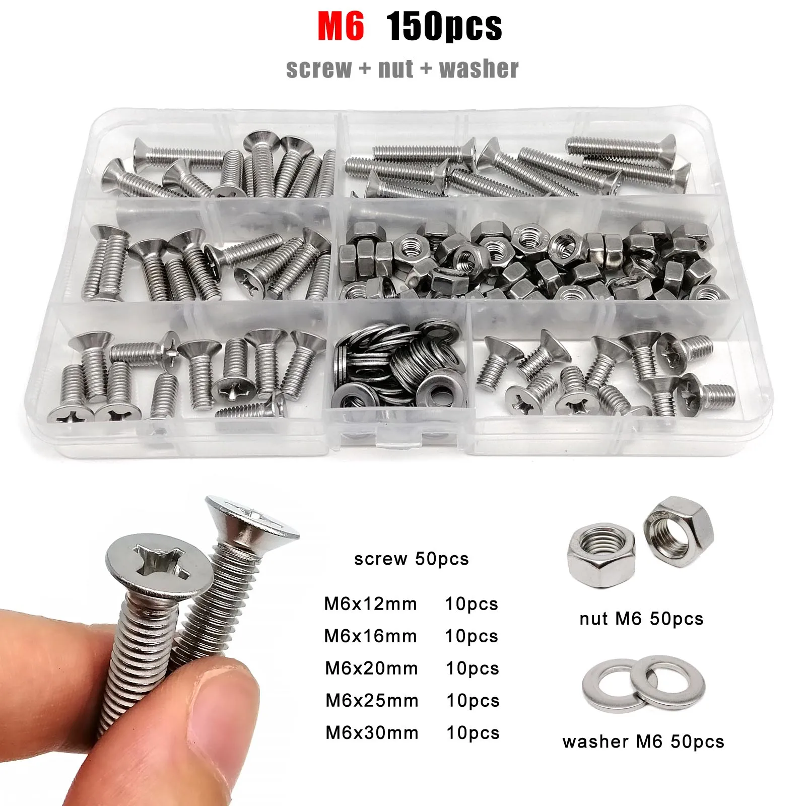 M1.6 M2 M2.5 M3 M4 M5 M6 M8 GB819 304 A2 Stainless Steel Cross Phillips Flat Countersunk Head Screw Bolt Nut Washer Set Kit Box