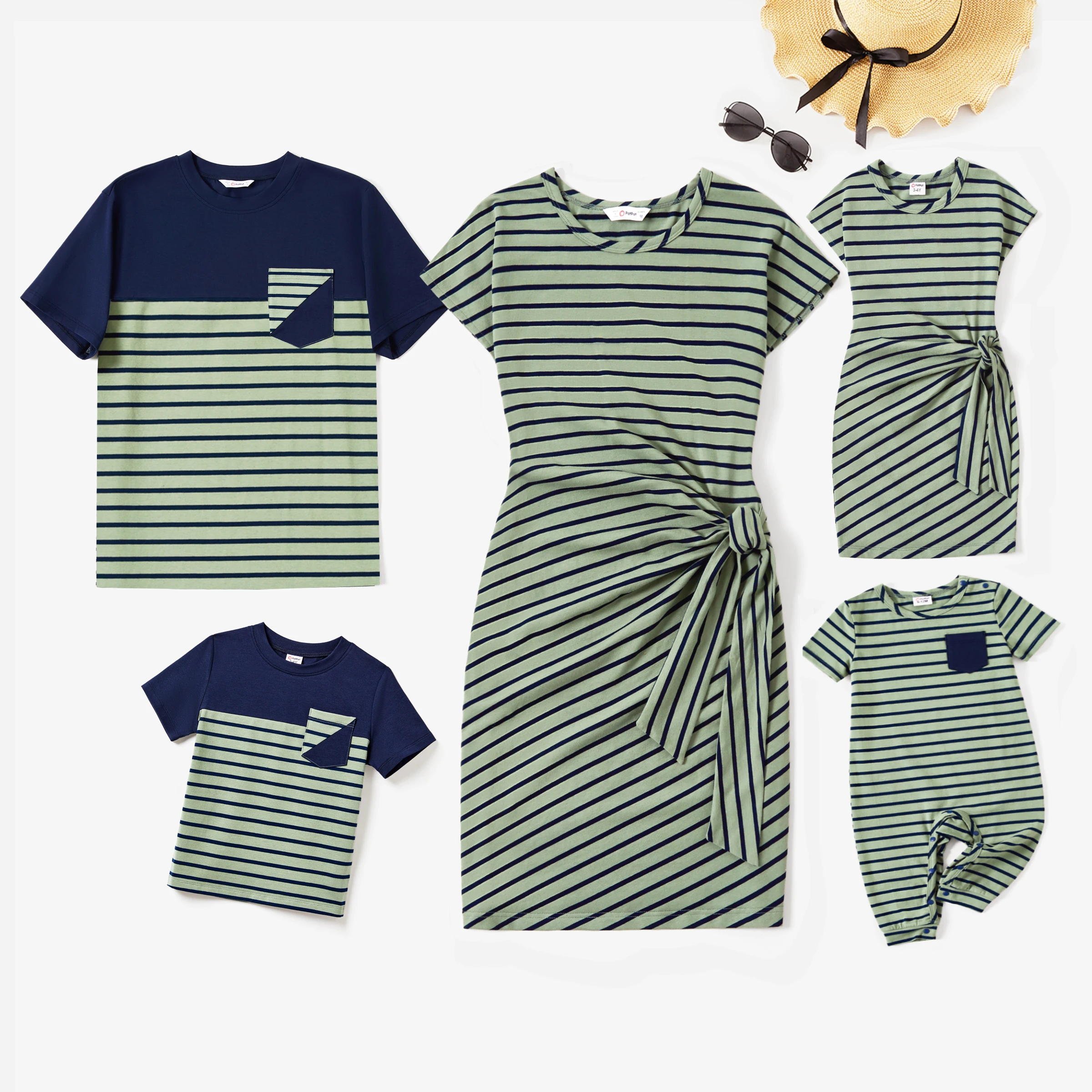 PatPat Family Matching Stripe Colorblock Tee and H-Line Side-Tie Dress Sets