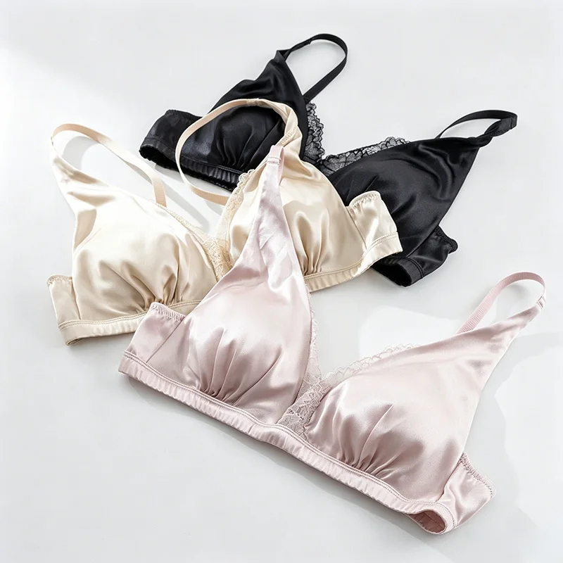 

V-neck Lace Satin Silk Bras,women 92% Silk 8%Spandex Smooth Wire Free Underwear,Soft Skin-Friendly