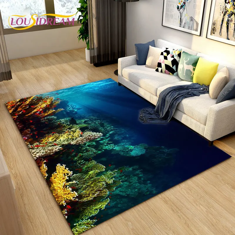 3D Underwater World Sea Turtle Dolphin Area Rug Large,Carpet Rug for Living Room Bedroom Sofa Doormat Kitchen,Non-slip Floor Mat