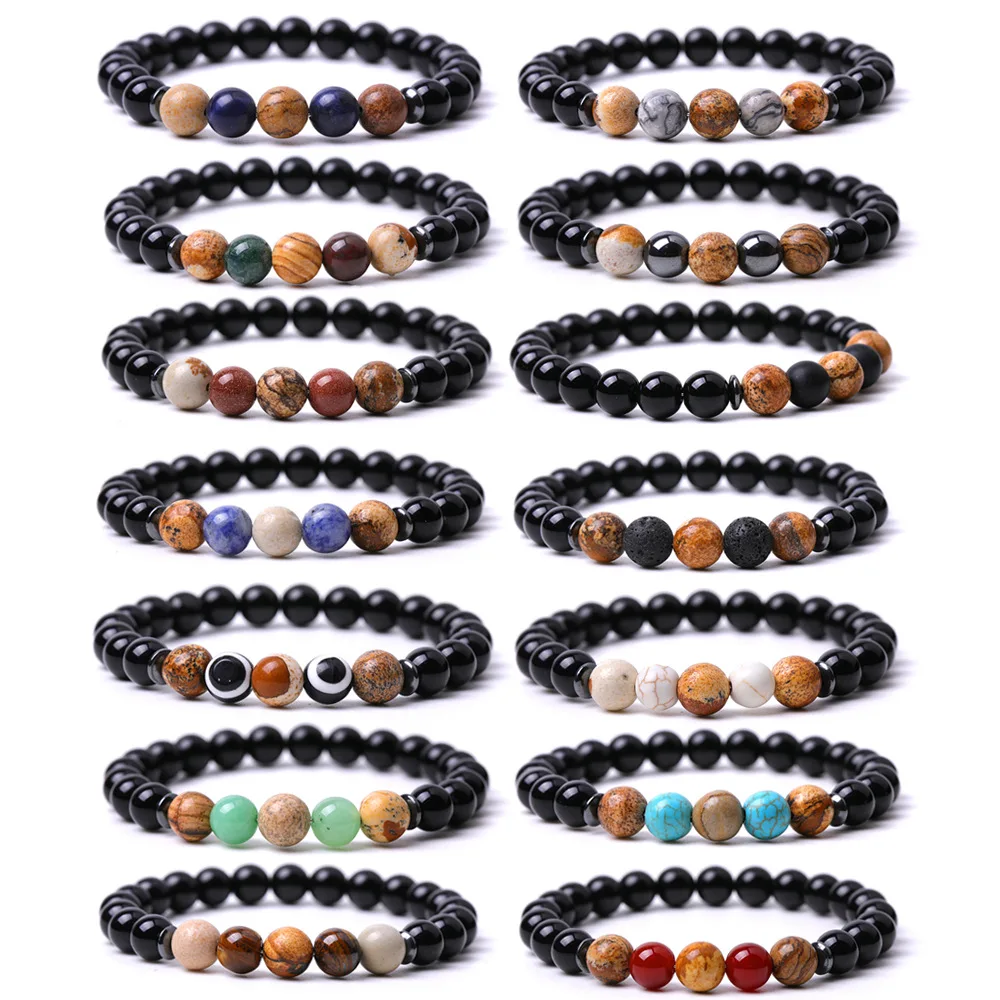 

12pc 8mm Drawing Stone Blue Beads Evil Eye Bracelet Black Beaded Lucky Jewelry Gifts Elasticity Strand Jewelry