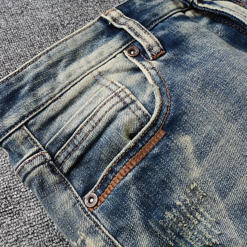Italian Style Fashion Men Jeans High Quality Retro Blue Stretch Slim Fit Ripped Jeans Men Vintage Designer Denim Pants Hombre