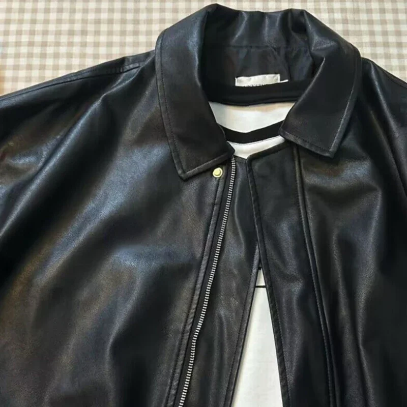 Casaco retrô americano de couro preto feminino, tops de motocicleta lapela, alta moda, novo, primavera, outono