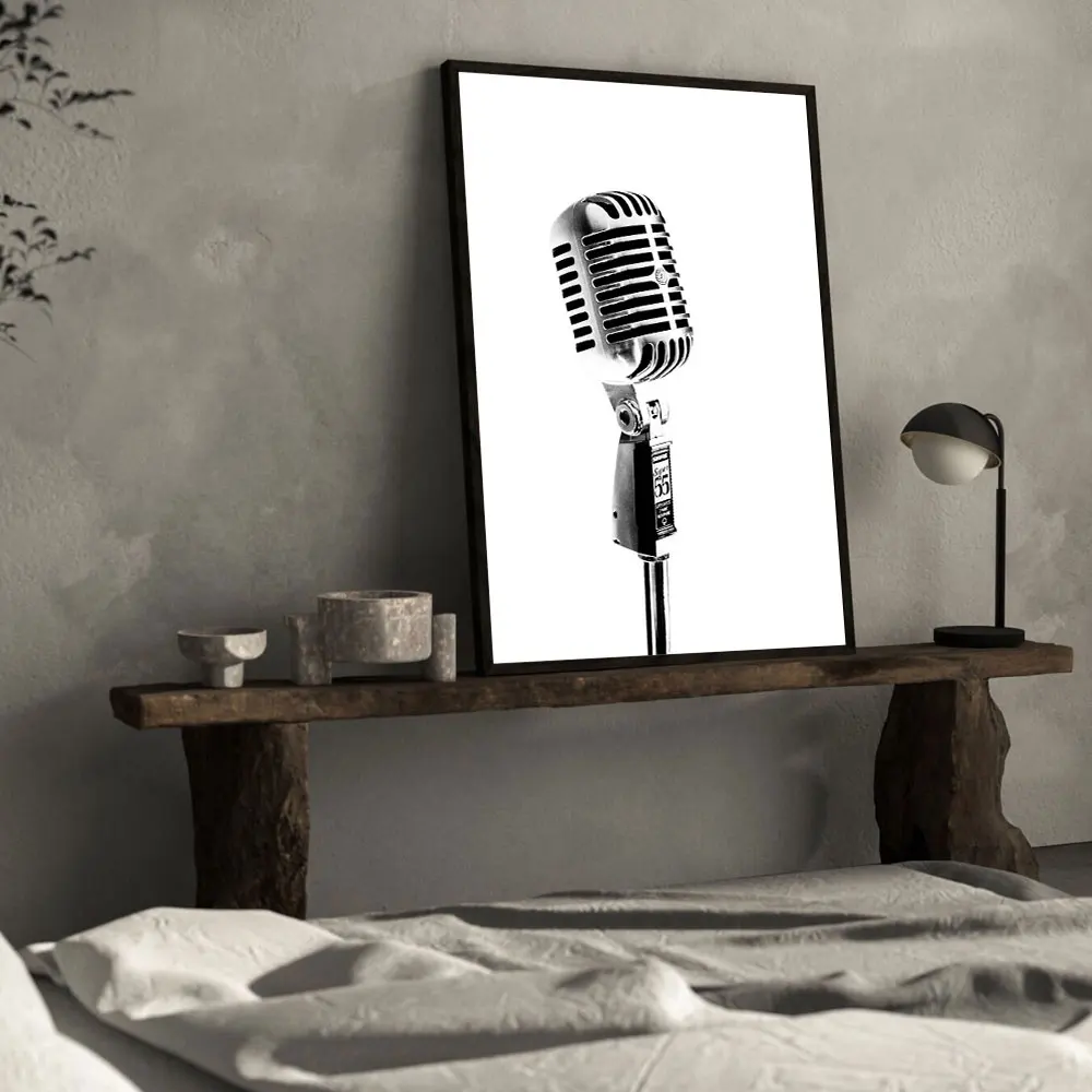 ملصق جيتار بالأبيض والأسود ، فن جداري ، صورة ، ميكروفون ، أعواد أفخاذ ، قماش بيانو ، رسم ، طباعة ، ديكور غرفة الاستوديو #4