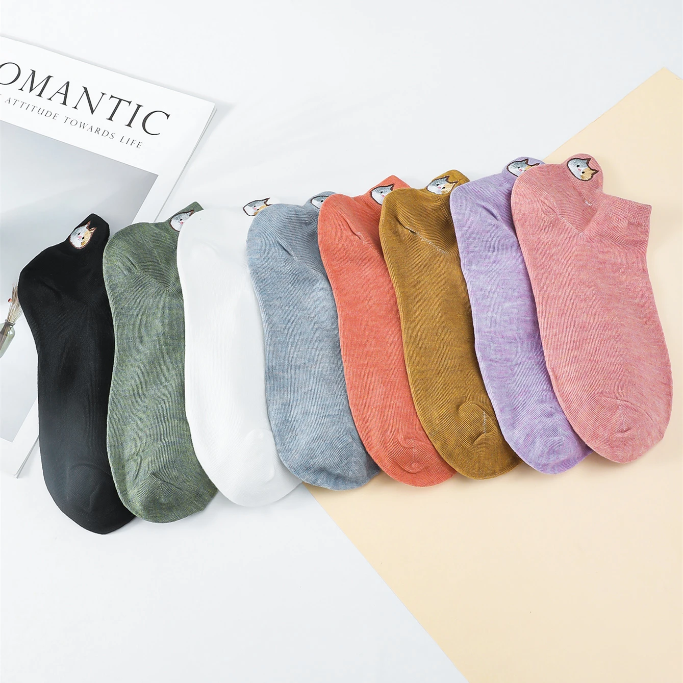8 Pairs/Pack Women Floral Cat Embroidery Cute Cartoon Socks Spring Summer Thin Breathable Ankle Cotton Socks Set
