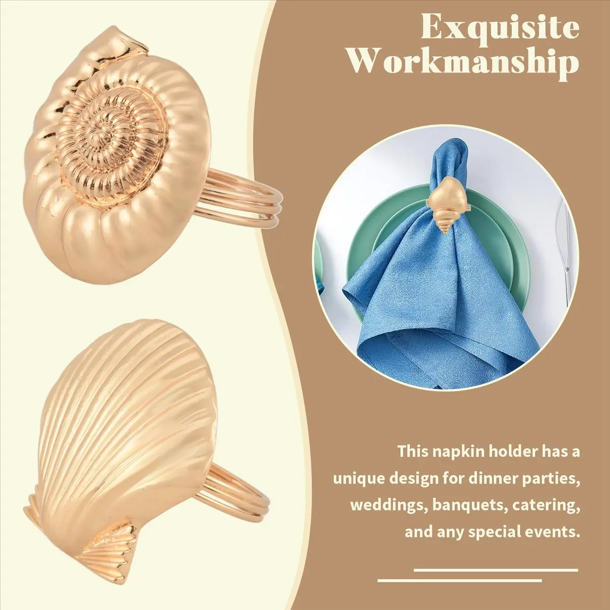 A78I Coastal Theme Sea Shells Metal Napkin Rings for Weddings Receptions,Dinner Parties,Family Gatherings,Table Supplies