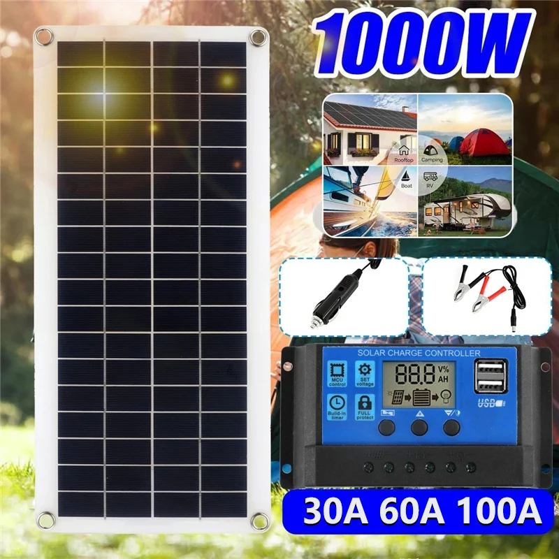 1000W Solar Panel 12V Solar Cell 100A 30A 60A Controller Solar Charge for Phone RV Car MP3 PAD Charger Outdoor Battery Supply