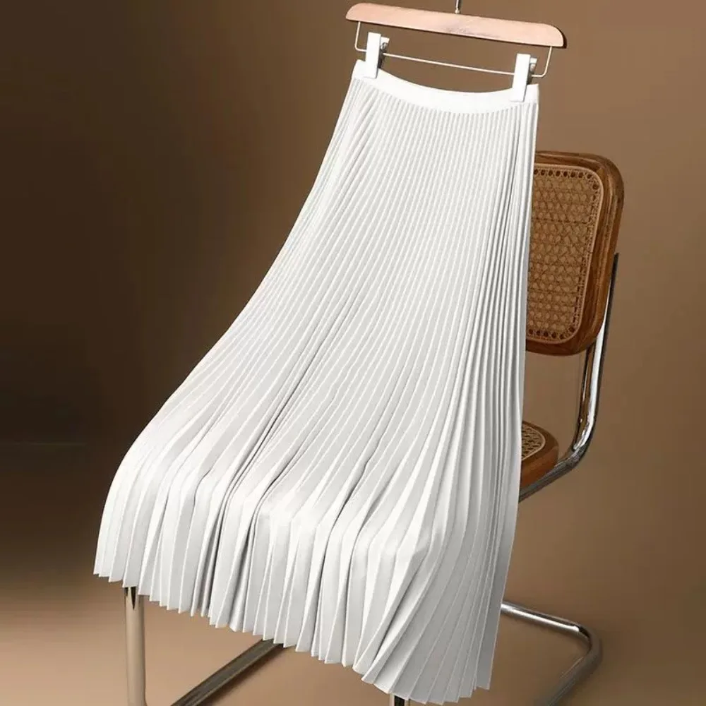 Classic Elegant Vintage Pleated A-Line Skirt Smooth Satin Solid Color Satin Long Skirt Elastic Waistband Satin Pleated Skirt