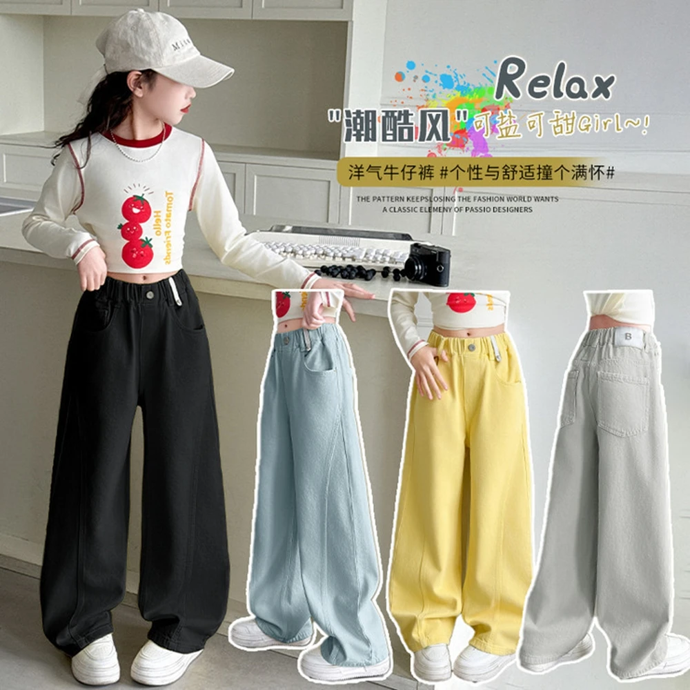 

Children Wide-leg Jeans Spring Autumn Teen Girls' Fashion Western Style Cutlass Denim Pants Children Straight Leg Loose Trousers