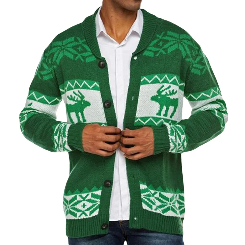 

Men Christmas Casual Cardigan Long Sleeve Shirts Shawl Collar Reindeer Snowflake Print Sweater Knitted Tops Streewear