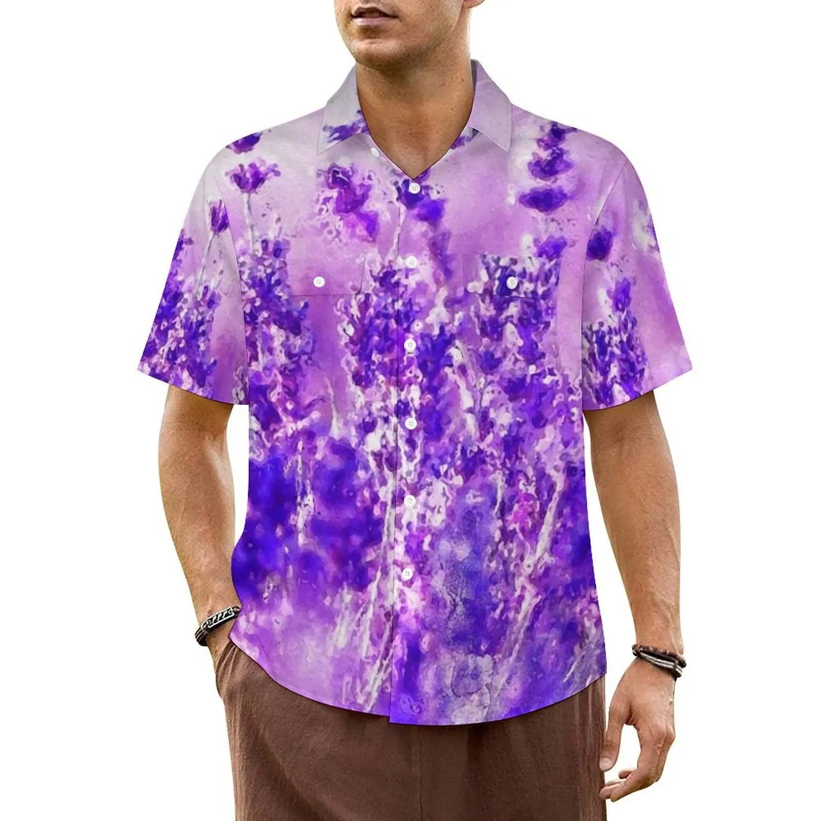 

Lavender Fields Hawaiian Shirt For Men Beach Beautiful Purple Flowers Casual Shirts Short-Sleeve Streetwear Elegant Blouses