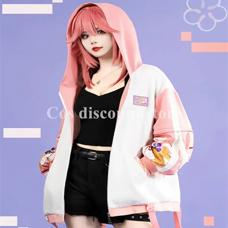 Genshin Impact Ganyu Yae Miko Jacket Coat Long Sleeve Outwear Hooded Fashion Casual Cool Unisex Autumn Cosplay Costume Blue Pink