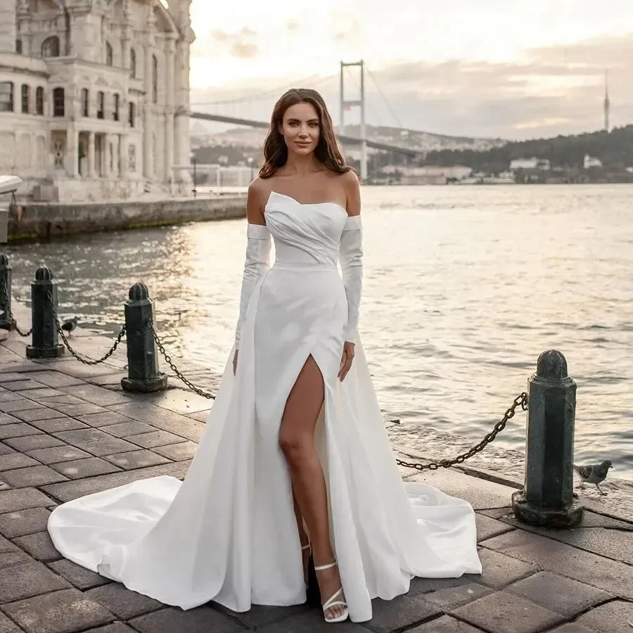 Vestido de novia Vintage de sirena con cuello Halter y tren desmontable, sin tirantes, con mangas divididas laterales, para playa y jardín, 2024