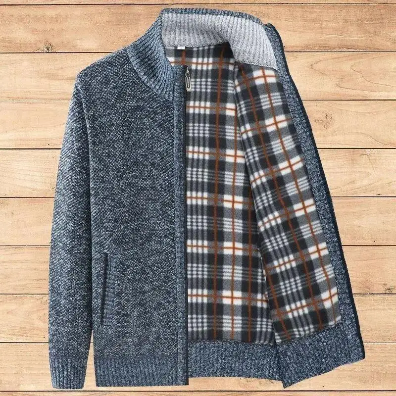 

Thiened Zipper Knitted Cardigan for Men Autumn Winter Dad Coat Pure Color Long Sle Slim Fit Stand Collar Cotton Jaet