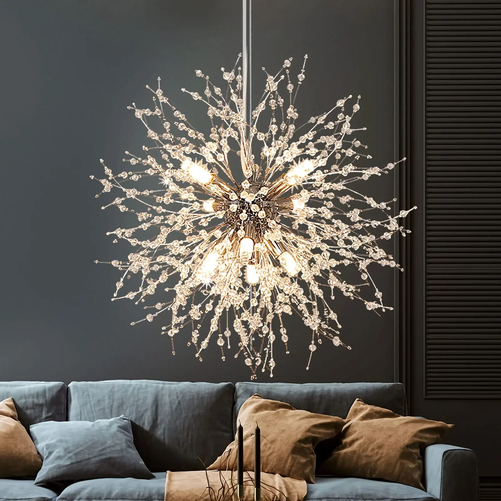Modern Crystal Pendant Light Gold Firework Chandelier 8 Bulbs 32 Strings G9 Fixture for Living Room Bedroom Dining Room