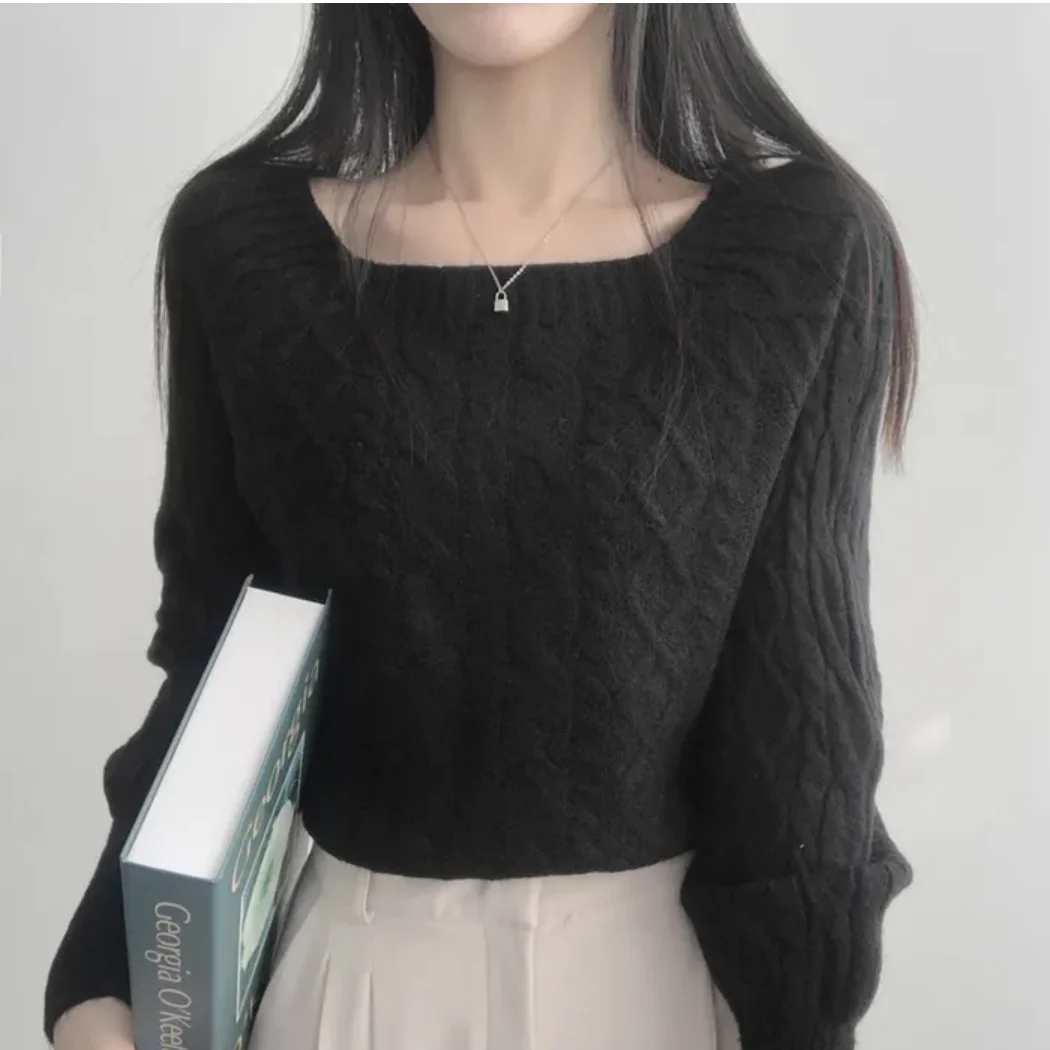 Chic Herbst Winter Pullover Vintage Lose Fit Taille Cinched Abnehmen Gestrickte Top Quadrat Kragen Oberbekleidung Pendeln Sle