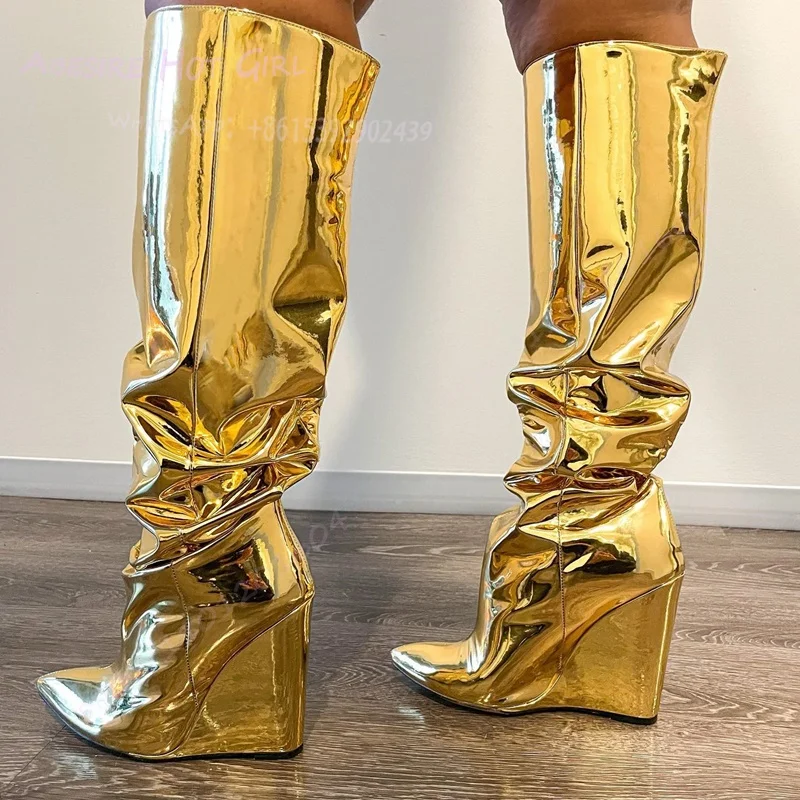 

Gold Mirrored Wedge Heel Boots Women Silver Shiny Bling Leather Catwalk Metallic Glitter Dark Blue Suede Zipper Girls Pink Shoes