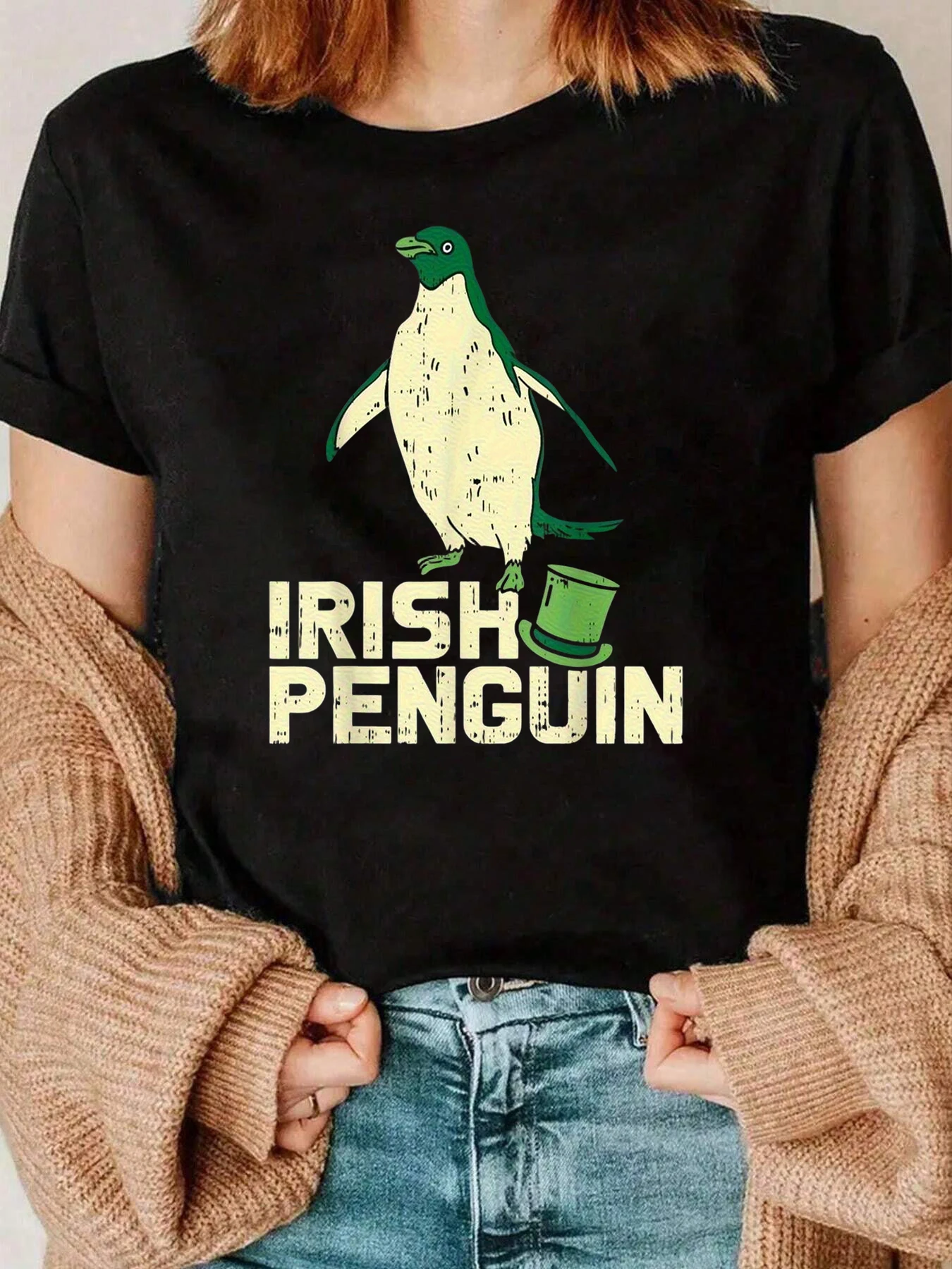 Irish Penguin Print St. Patrick's Day T-Shirt Freizeitkleidung für Damen 220g