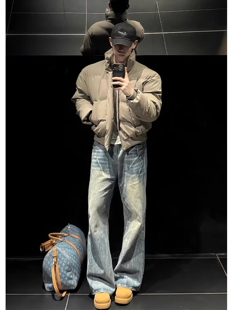 

Retro Blue Lightning Pattern Flared Jeans Men's Thiened Fce Slim Straight Cut American Vibe High Waist Denim Pants