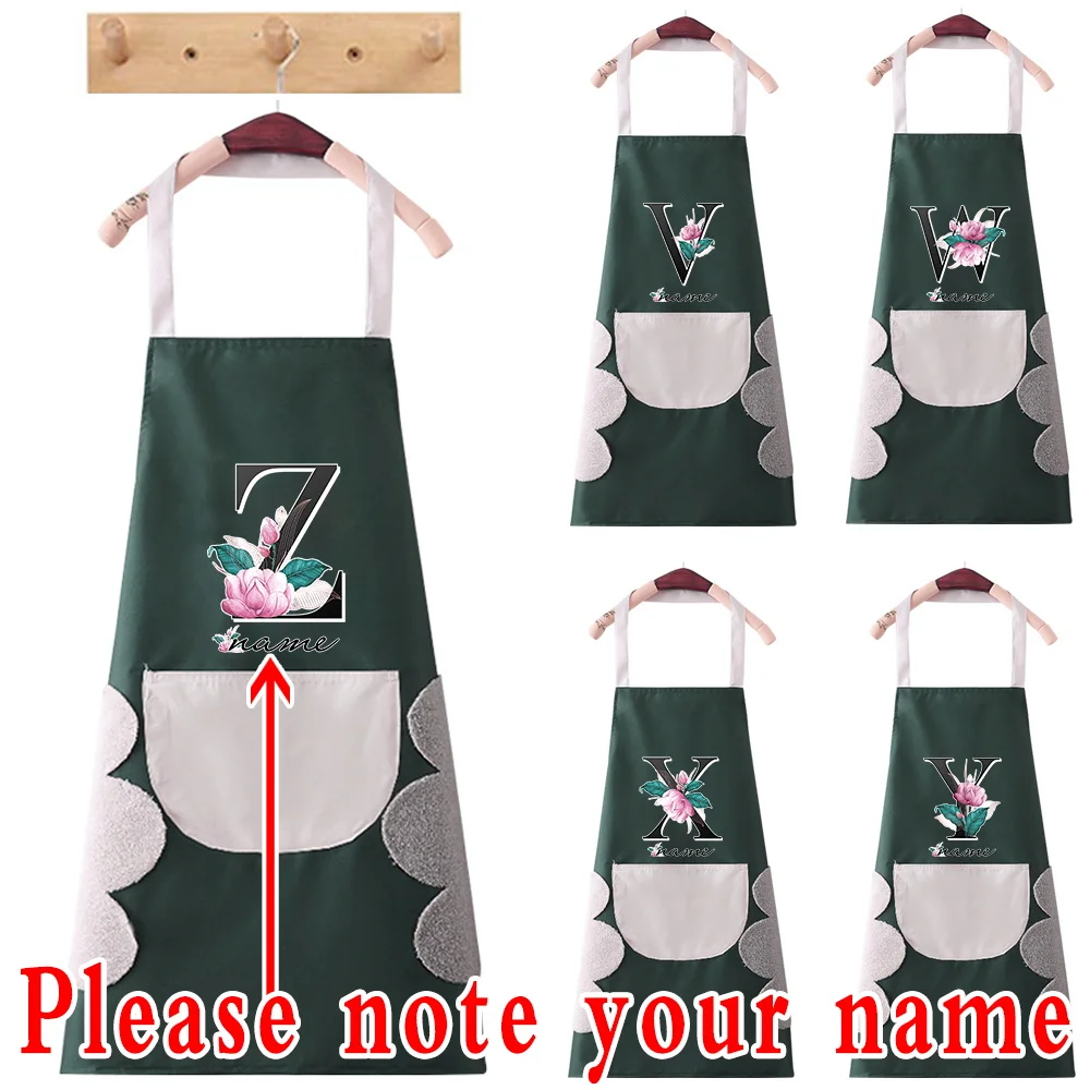 Custom Name Kitchen Aprons for Men Women Chef Baking Adult Bib with Pockets Home Waterproof Apron Flower Letter Work Clothes