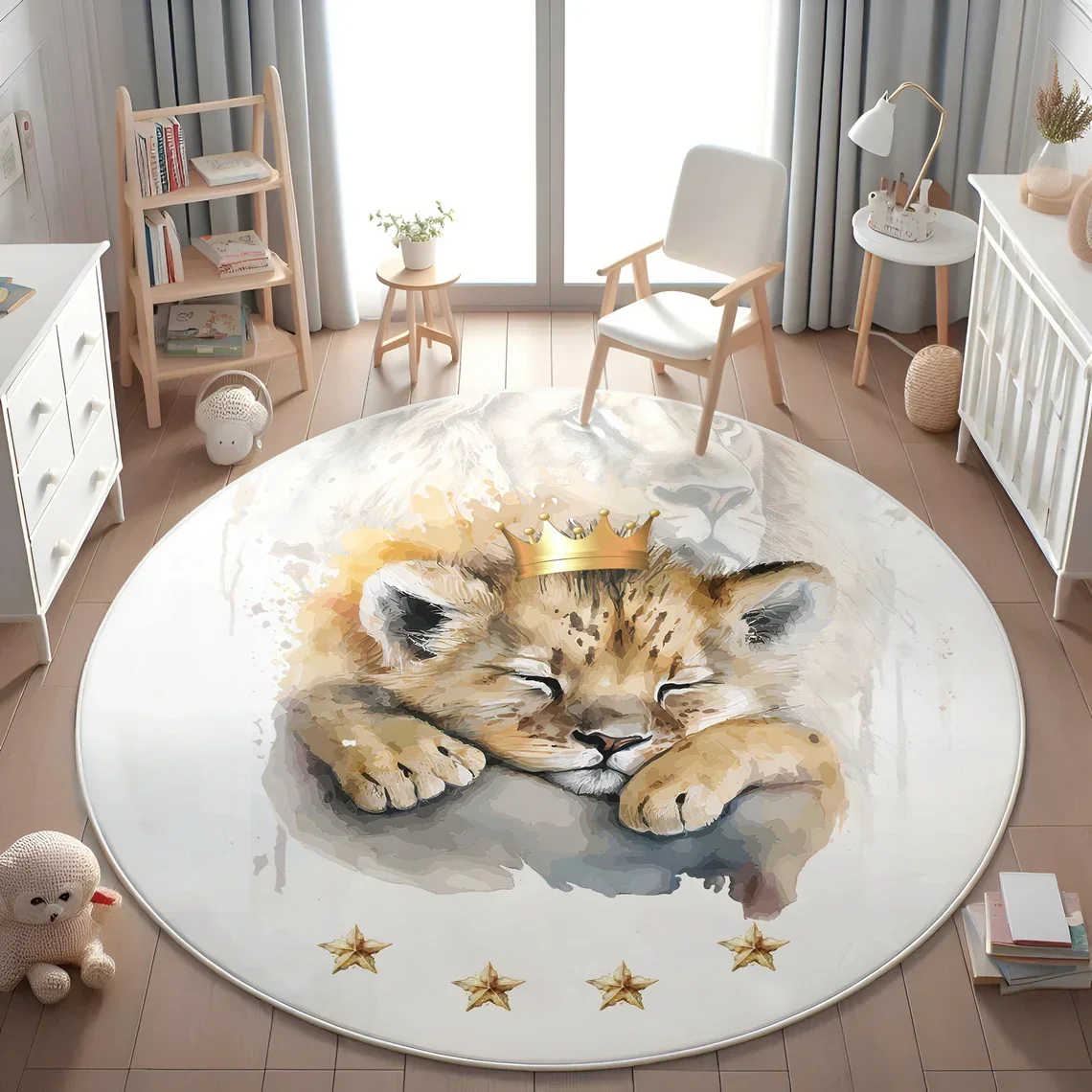 Cute Lions Themed Carpet,Baby Lion Round Rug,Safari Playmat for Boys Room, Non-Slip Round Rug, Washable Kids Rug