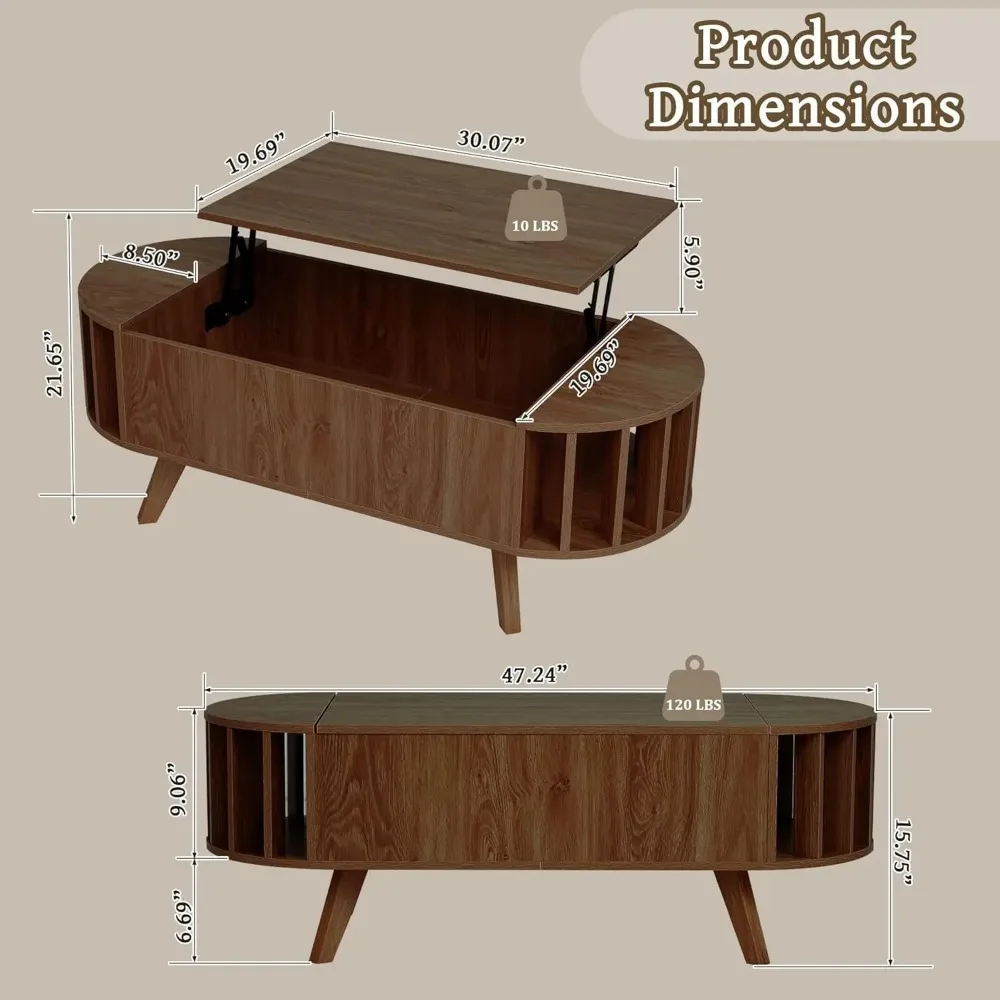 Mesa de centro superior de madeira com armazenamento oculto, mesa elevatória oval de 47,24 ", design de perfil curvo, mesa de chá baixa para sala de estar, escritório