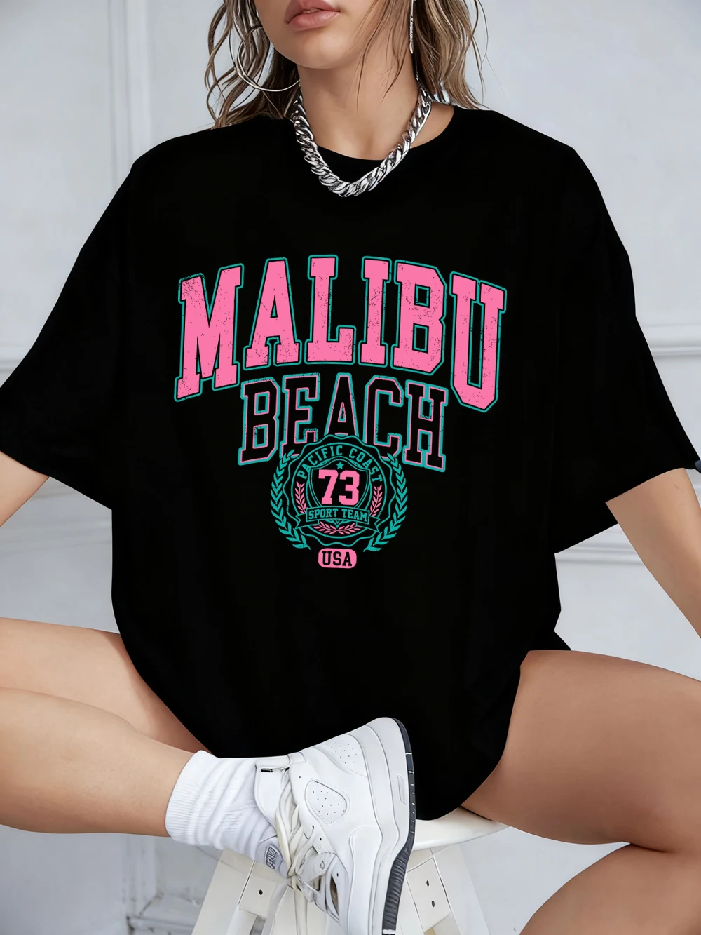 

Malibu Beach Printing T-Shirts Womens Summer Cotton Short Sleeve T Shirt O-Neck Comfortable Loose Tops Casual Womans Clothes