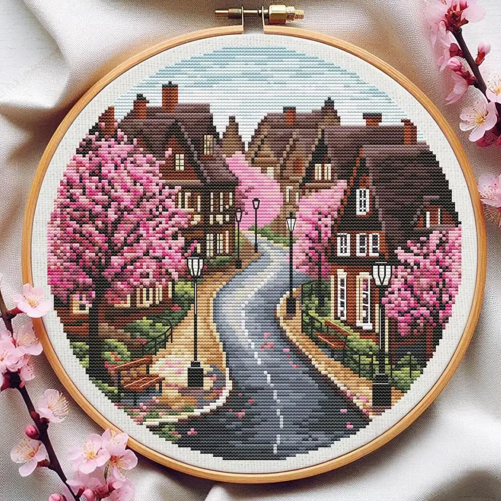 

Joy Sunday Pre-printed Cross Stitch Kit Easy Pattern Aida Stamped Fabric Embroidery Set-Springtime Streets