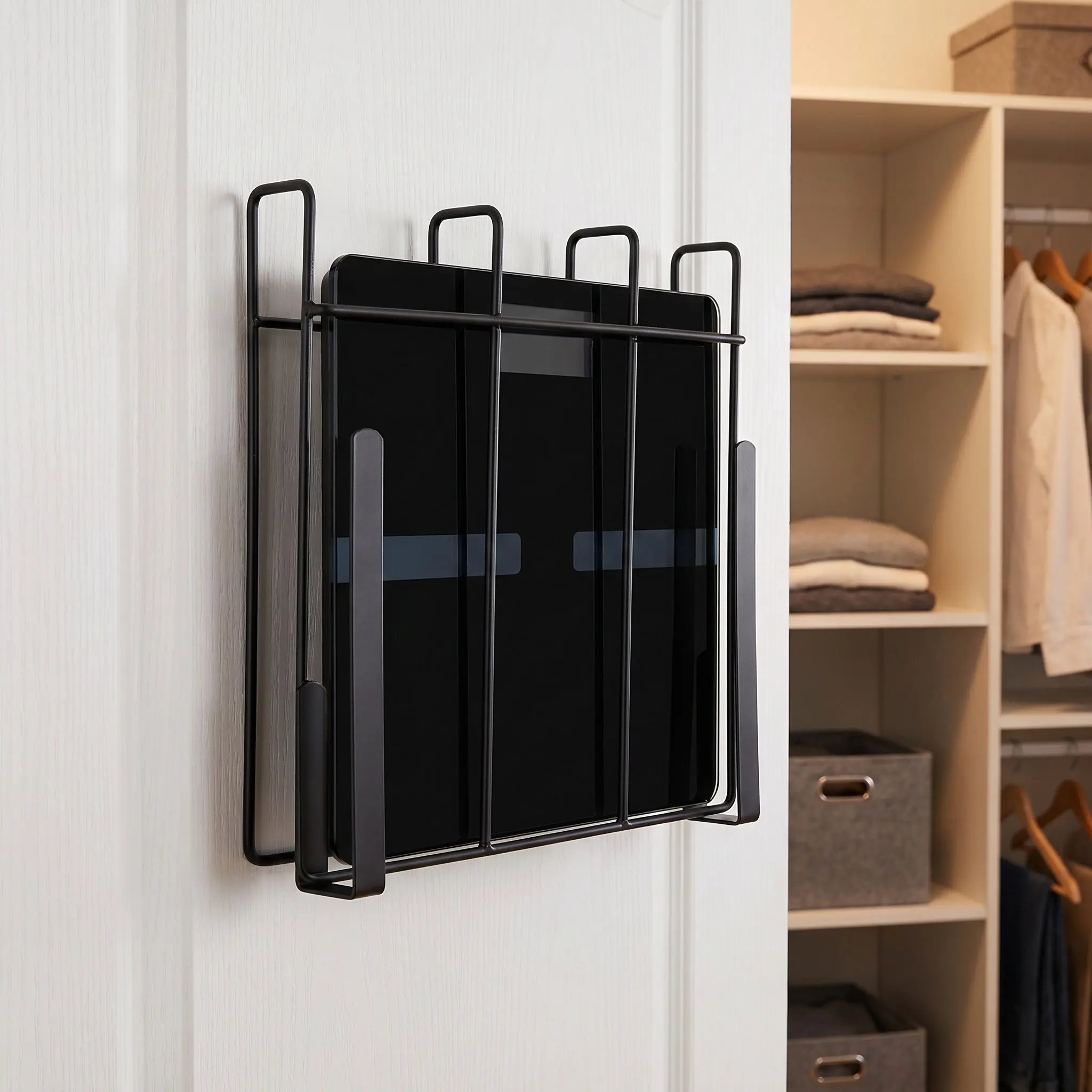 Black Hanging Scale Holder No Drill Bathroom Scale Storage Rack Under Cabinet Shelf Mount Organizer Space Saving Bathroom view 5