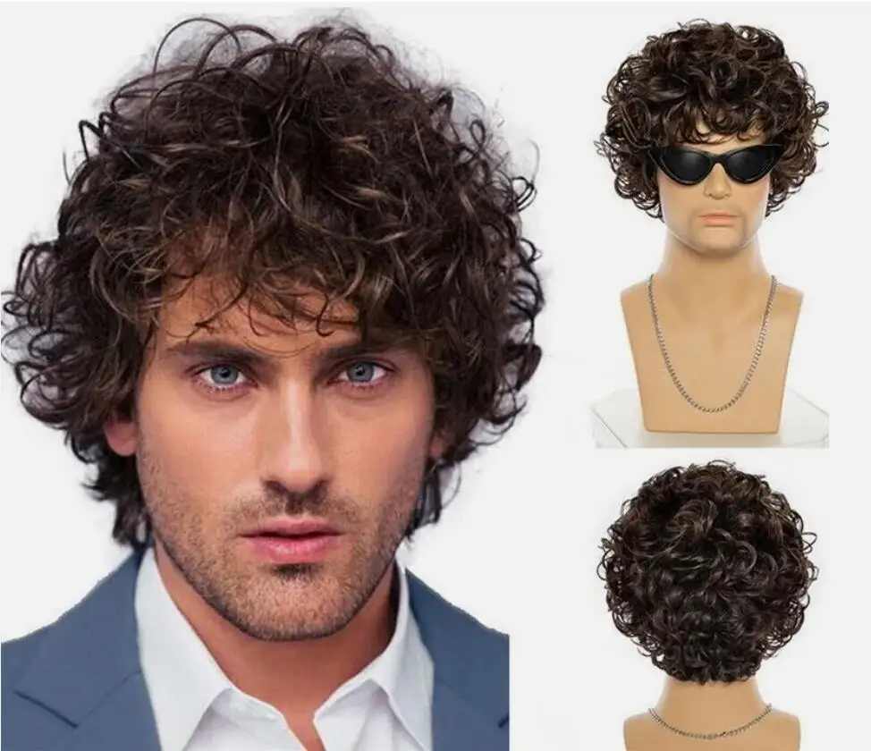 2023 Men Wig Short Brown Mix Curly Wavy Cosplay Daily Party Hair Full Wig A