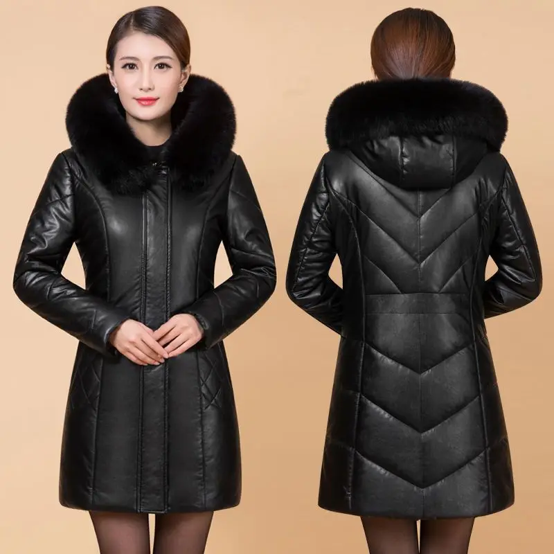 2026 Middle aged Women's Leather Jacket Winter New Thicken Warm Slim Big Fur Collar Mid-length Leather Coat Female Outerwear 6XL