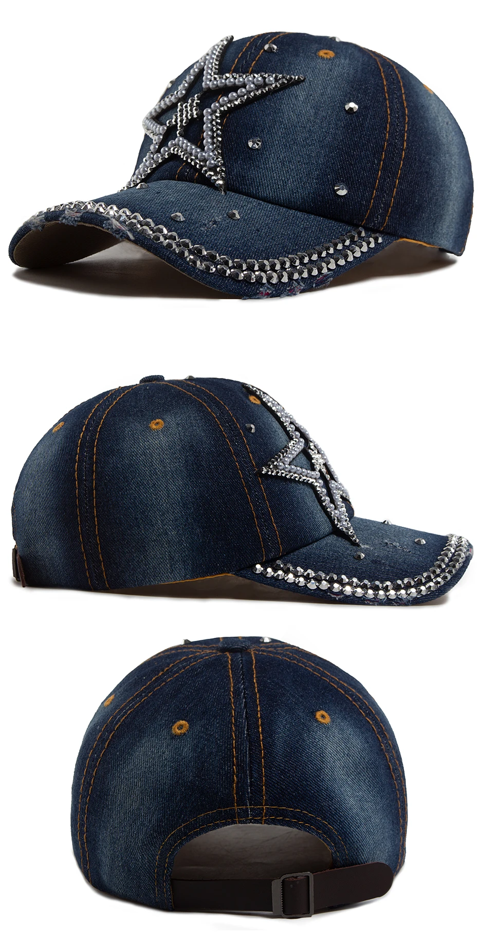 Y2K Pentagramm Denim Tuch Baseball Kappe Frauen Mode Vintage Snapback Männer Weibliche Hip hop Glänzenden Strass Hut Für Frühling Herbst – Detail 5