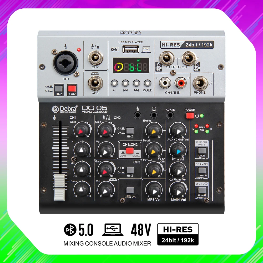 DG05 Audio Mixer 24bit 192k Audio Interface Sound Card With Monitor 5.0 BT PC For PC Smartphone Musical Instrument Recording