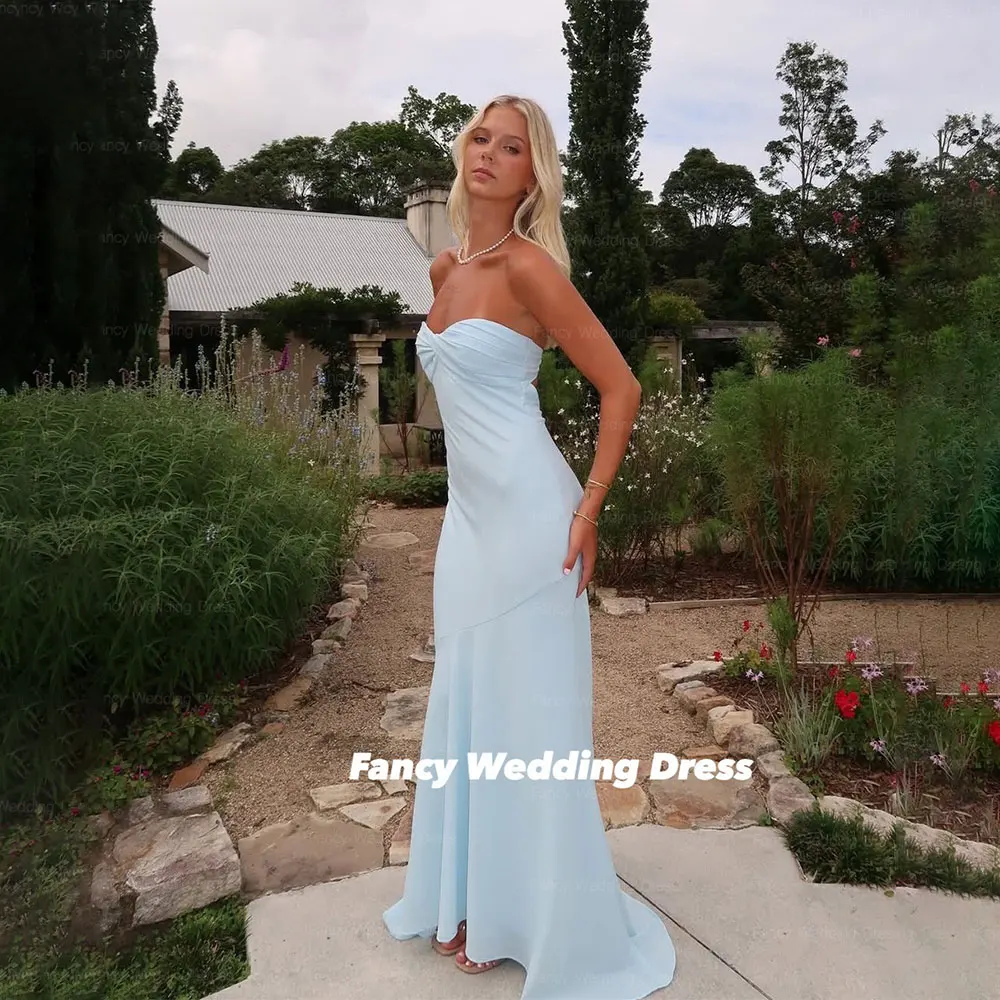 

Fancy Sexy Light Blue Evening Dress Saudi Arabia Strapless Mermaid Prom Gown Floor Length Customized