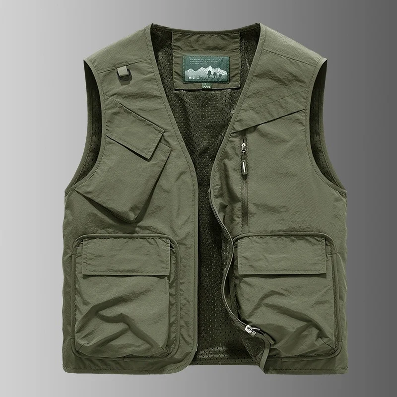 2026 New Fashion Men's Vest Solid Multi-pocket Thin Loose Sleeveless Jacket Outdoor Clothing Fishing Vest Plus Size Waistcoat
