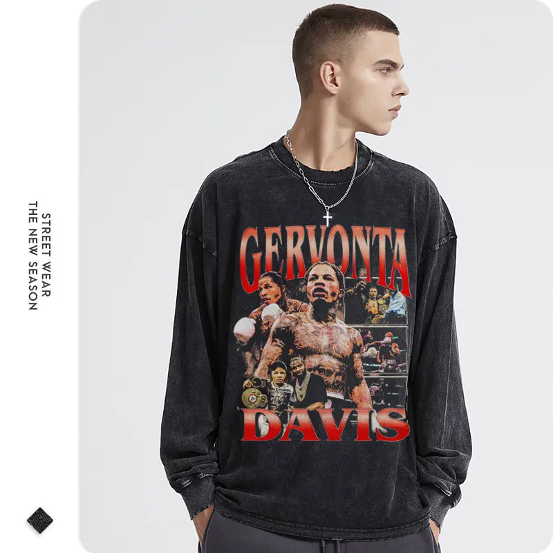 Tank Gervonta Davis Long Sleeve T-shirt Vintage Washed Boxing Sweatshirts Pullover DTG Printing Oversized Tops Tees Men Cotton