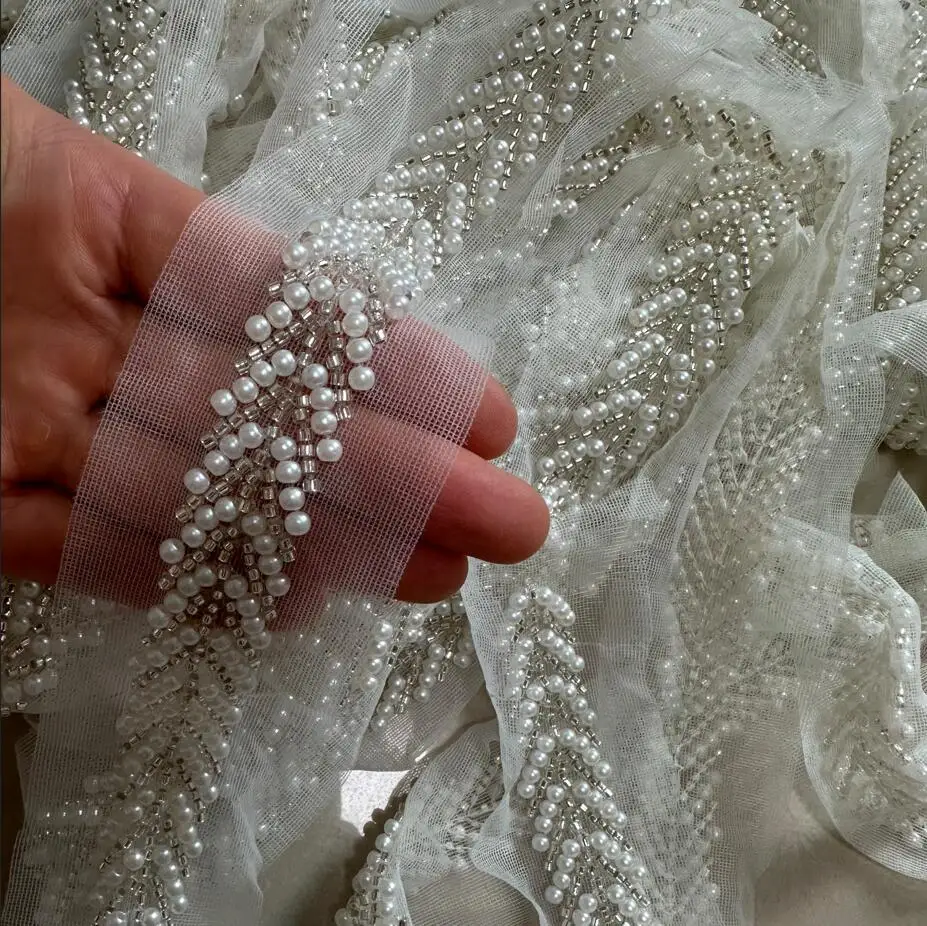 1Yard White Gold Pearl Beaded Lace Fabric Embroidered Lace Ribbon Trim Beaded Leaf Sewing Material Clothing Accessories Wedding